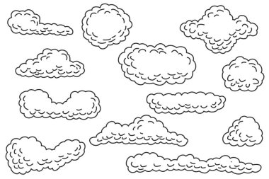 El çizimi bulutlar beyaz arkaplanda izole edilmiş farklı formdalar. Koleksiyon karikatür tasarım elemanları. Vektör illüstrasyonu.