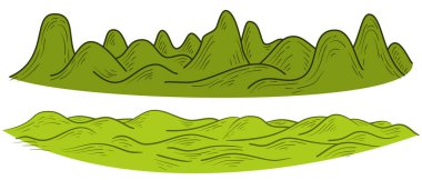 Karikatür çizimleri beyaz arka planda izole edilmiş doğa manzaraları. Koleksiyon rengi el çizimi panorama ortamı. Çizgi siluetleri kompozisyonu. Vektör illüstrasyonu.