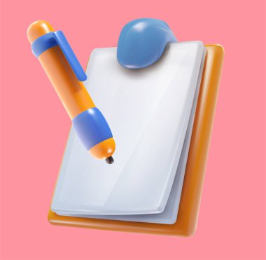 3d cartoon plastic glossy clipboard and pen isolated on pink background. Realistic cute vector illustration. Minimalistic stylised element. Concept design for business, game project.