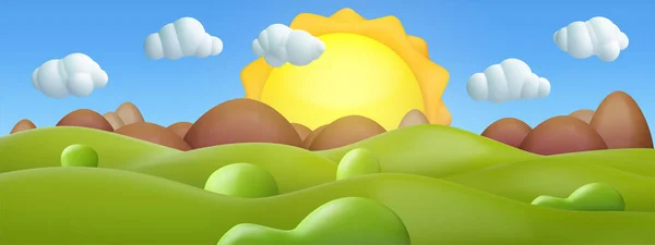 3d realistic cartoon panorama summer landscape background with green hills, trees, mountains, clouds, sun, on blue sky. Cute children nature environment composition. Vector illustration.