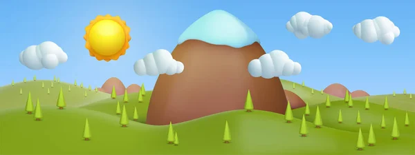 Realistic Cartoon Panorama Summer Landscape Background Big Mountain Snow Peak — Vettoriale Stock