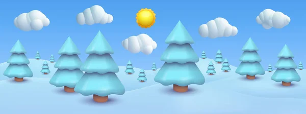 Realistic Cartoon Panorama Winter Landscape Background Snow Hills Christmas Trees — Vettoriale Stock