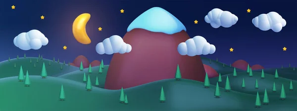 Realistic Cartoon Panorama Summer Night Landscape Background Big Mountain Snow — Wektor stockowy