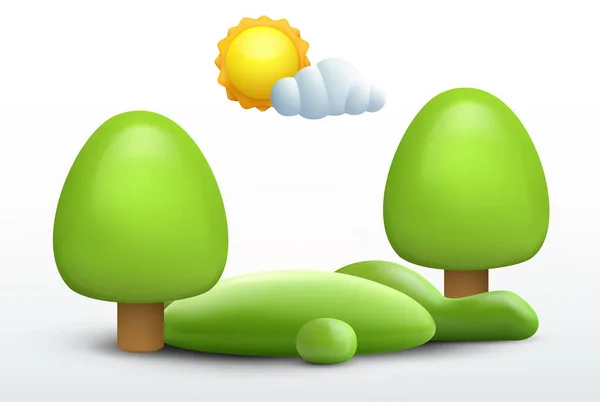 Realistic Cartoon Summer Nature Composition Minimal Cute Style Green Ecology - Stok Vektor