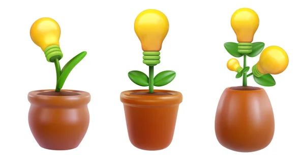 Set Light Bulb Pot Isolated White Background Green Ecology Alternative — Vetor de Stock