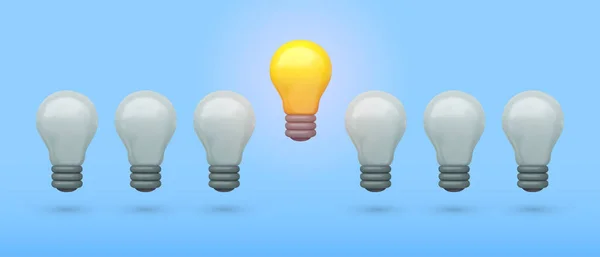 Row White Yellow Lightbulbs Isolated Blue Background Realistic Vector Illustration — Image vectorielle