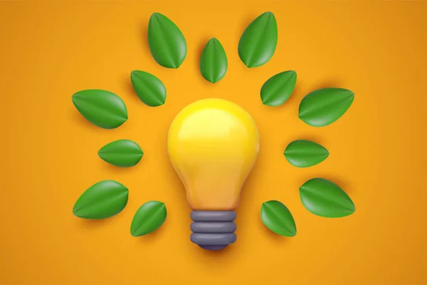 Lightbulb Green Leafs Isolated Orange Background Realistic Vector Illustration Minimal — Stockový vektor