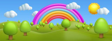 3d cartoon vector landscape composition with green hills, trees, rainbow, sun, white clouds. Modern stylised children concept background. Sweet nature environment panorama. Glossy kids toy elements.