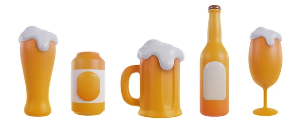 白の背景に隔離された3D現実的な最小限のスタイルでビールボトル マグカップ ガラス 漫画のアルコール飲料の要素を設定します ベクトルオブジェクト — ストックベクタ