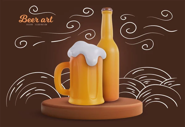 Garrafa Cerveja Caneca Estilo Realista Com Doodle Engraçado Mão Elementos — Vetor de Stock