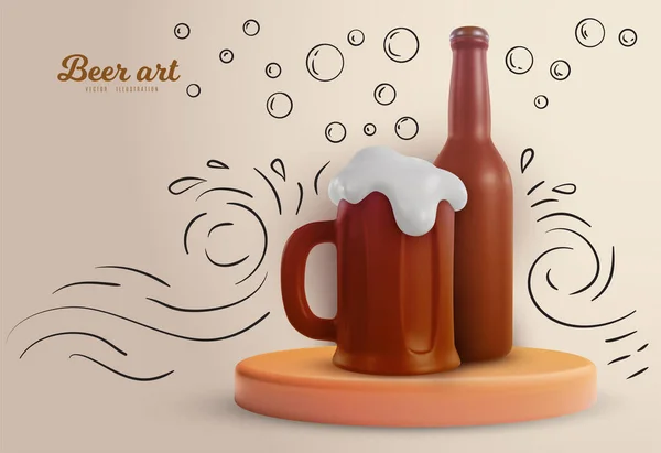 Garrafa Cerveja Caneca Estilo Realista Com Doodle Engraçado Mão Elementos — Vetor de Stock