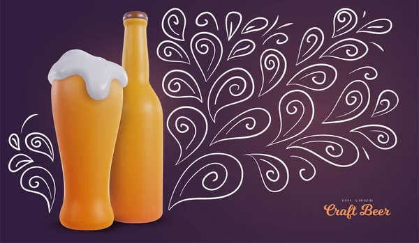 Garrafa Cerveja Vidro Estilo Realista Com Doodle Engraçado Mão Elementos — Vetor de Stock