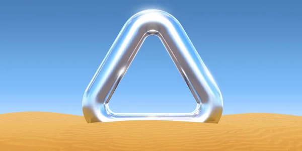 金属色の三角形 ポータルやゲートと砂漠の砂の風景 抽象現実的な3Dイラスト 創造的な現代のシュールな周囲のパノラマの背景 最小限のファンタジーアートレンダリング — ストック写真