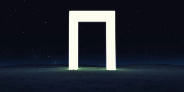 Night landscape with grass field and neon light square form, door, portal or gate. Abstract realistic 3d illustration. Creative modern surreal ambient panoramic background. Minimal fantasy art render.