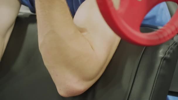 Man werkte in de gym.lifts de bar .close-up.red bar.biceps op het werk — Stockvideo