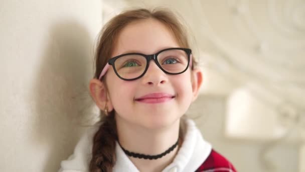 Retrato de uma menina em uma camisola vermelha com glasses.sorrindo e acenando a mão — Vídeo de Stock