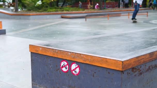 Skateboarder in skate park doet trucs, slow motion — Stockvideo