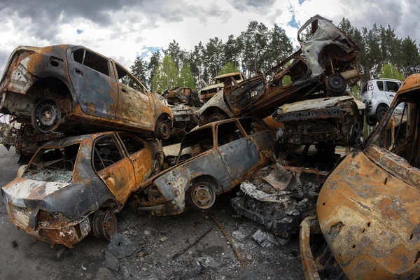 Irpin Ukraine May 2022 Burned Civilian Car Stacked Vehicles War — Stock Photo, Image