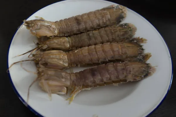 Steamed Crayfish Mantis Shrimps Stomatopods White Plate — Stock Photo, Image