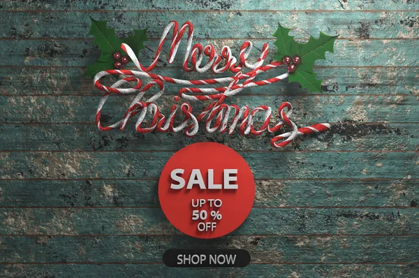 Templat Promosi Penjualan Natal Ilustrasi Merry Christmas Text Wood Background — Stok Foto