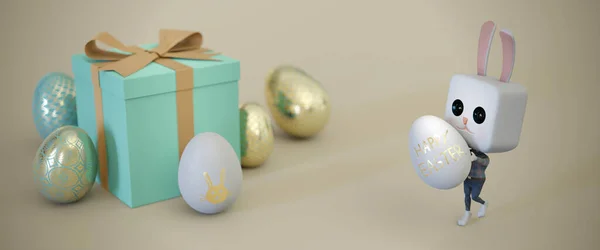Ilustrace Velikonoční Zajíček Králík Drží Vejce Formát Nápisu Webu — Stock fotografie