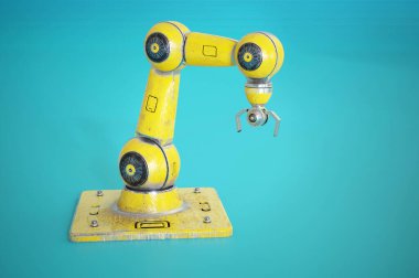 3 boyutlu illüstrasyon. Mavi arka planda robotik kol. Endüstriyel robot manipülatörü. Modern endüstriyel teknoloji.