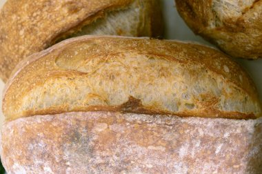 Ekmek yakın çekim. Altın hamurlu taze ekşi ekmek. Konsept pastane, doku ekşi ekmek