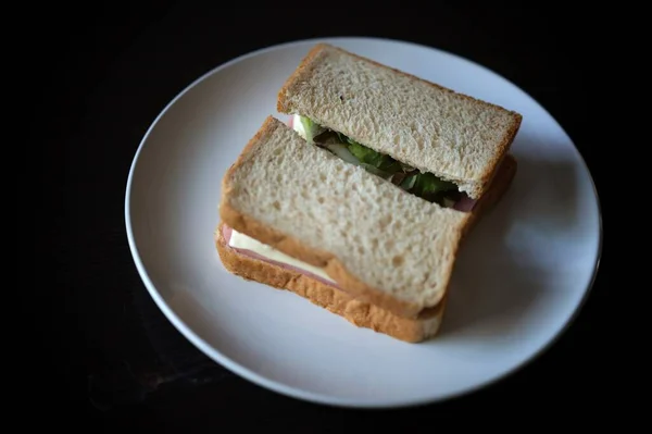 Sandwiches Egg Ham Toast Cheese Fried White Dish — Fotografia de Stock