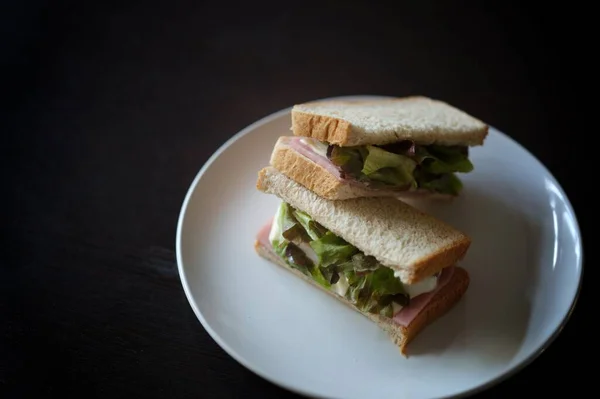 Sandwiches Mit Schinken Und Toastkäse Weißer Schüssel Gebraten — Stockfoto