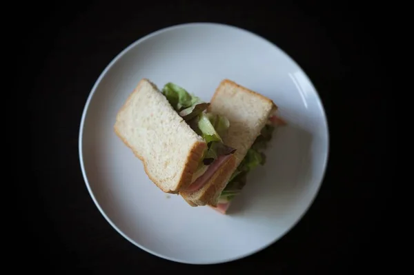 Sandwiches Egg Ham Toast Cheese Fried White Dish — Fotografia de Stock