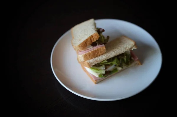 Sandwiches Egg Ham Toast Cheese Fried White Dish — Foto Stock