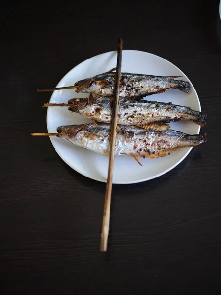 Grilled Fish Skewers Mekong River Thaifood — Stock fotografie