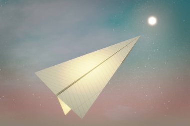3D Illustration. 3D Rendering , Concept of business success  to the target , startup , creative idea . Paper plane white flying on sky between cloud. beautiful natural landscape.