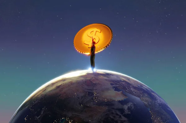 Ілюстрація Рендерінг Бізнесмен Віртуальному Світі Золотими Валютними Монетами Включає Себе — стокове фото