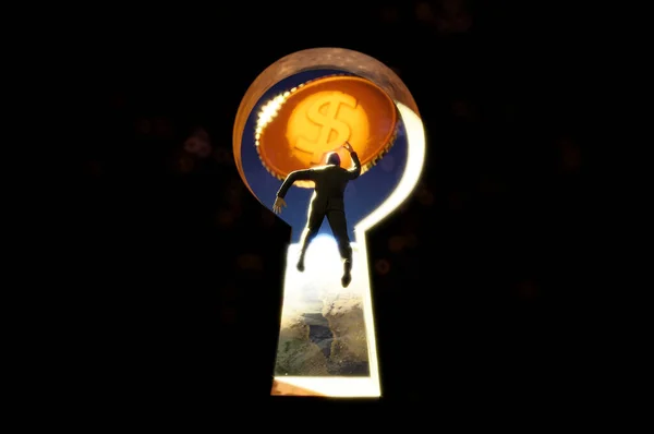 Illustration Rendering Businessman Jumping Keyhole Target Gold Coin Business Concept — ストック写真