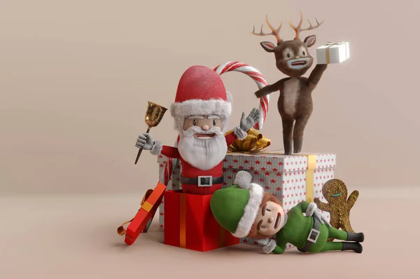 Ilustración Renderizado Santa Claus Con Elfos Feliz Año Nuevo Tarjeta — Foto de Stock