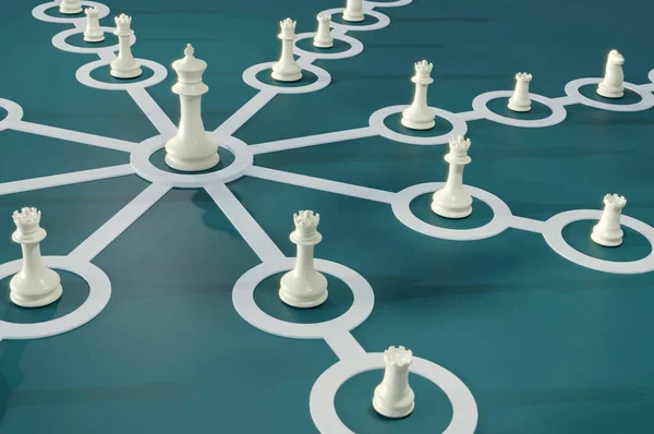 3D Illustration , 3d rendering . business relation connecting ideas concept with  line draw join together expand to circle around king chess on center