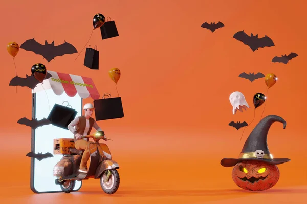 Ilustracja Renderowanie Online Delivery Service Halloween Party Jeździ Skutery Wokół — Zdjęcie stockowe