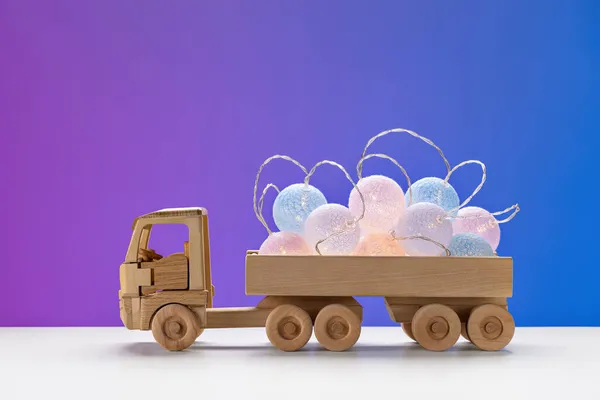 Festive Mood Miniature Wooden Truck Luminous Ball Shaped Garland Studio — Stock Photo, Image