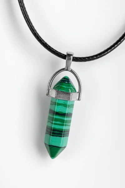 Green Striped Malachite Pendant Black Cord Close Isolated White — Stock Photo, Image