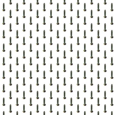 Desen, şablon, arka plan. Gri arkaplandaki metal vidalar, malzemeyi tamir ediyor.