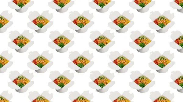 Makaron Warzywami Białym Tekturowym Pudełku Gotowy Posiłek Dostawy Wzór Szablon — Zdjęcie stockowe
