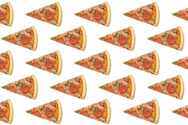 Wzór Szablon Tapeta Biało Kawałki Pizzy Mięsem Grzybami Warzywami Koncepcja — Zdjęcie stockowe