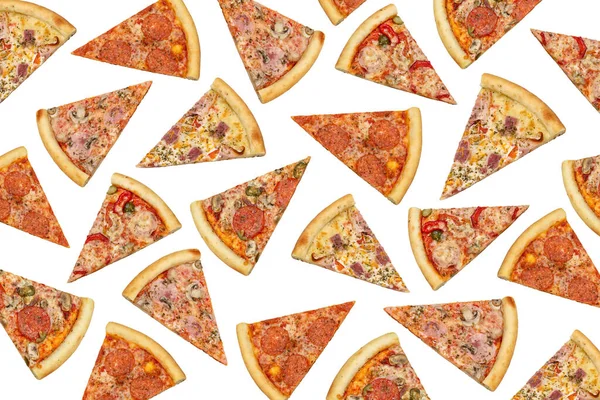 Minta Sablon Tapéta Fehér Pizzadarabok Hússal Gombával Zöldségekkel Fogalom Szórólap — Stock Fotó