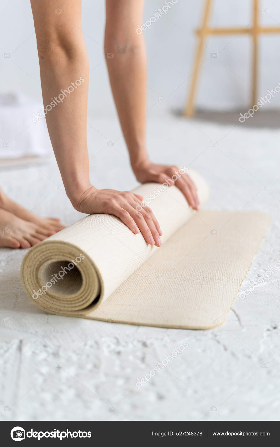 Close Female Hands Rolling Out Beige Yoga Mat Yoga Home Stock