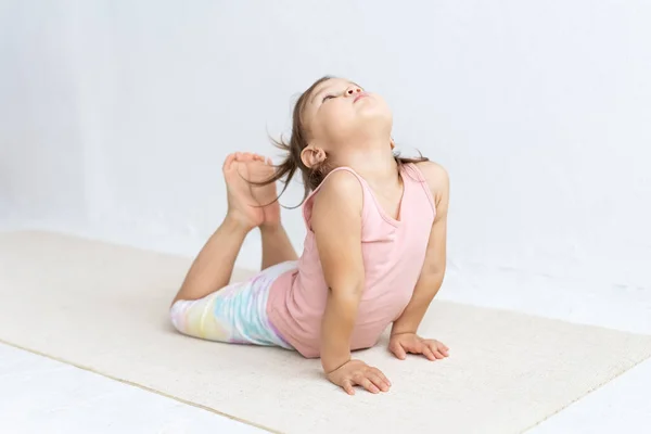 Little Mixed Race Girl Practices Yoga Floor Children Yoga Cobra — Stock Photo, Image