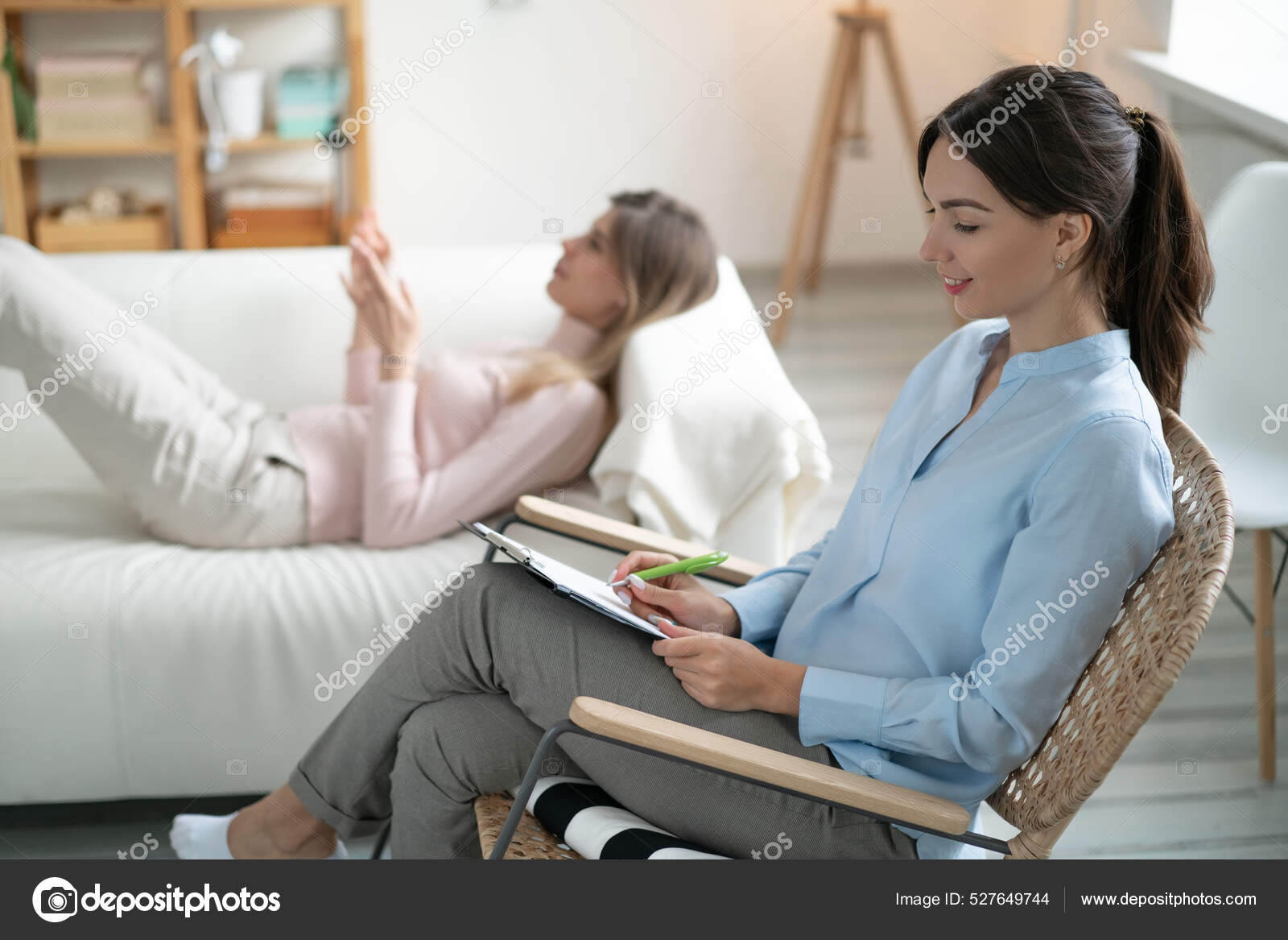 Experienced Professional Psychologist Sitting Armchair Listening Happy