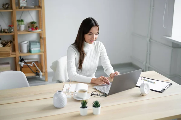 Genç bir kadın ofis masasında otururken dizüstü bilgisayara mesaj yazar..