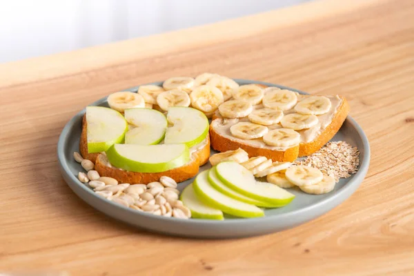 White Bread Sandwiches Peanut Butter Apples Bananas Stylish Plate Healthy — Stock Photo, Image
