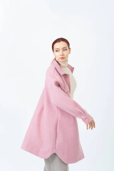 Asian Woman Red Hair Warm Spring Pink Coat Standing Sideways — Stock Photo, Image